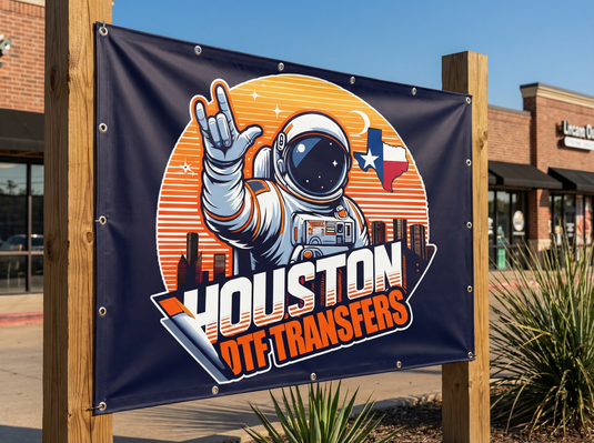 Custom 13 oz scrim vinyl banner printed in full color by Houston DTF Transfers, displayed outdoors at a Houston TX commercial location with grommets and reinforced hems
