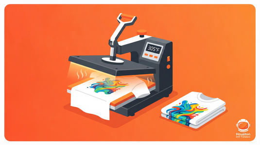 Heat press machine applying DTF transfer at 305 degrees to custom t-shirt apparel
